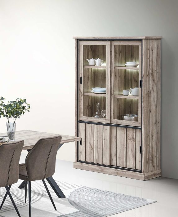 Vitrinekast Elena 126 cm – Canada eik decor met zwarte accenten en LED-verlichting main product photo