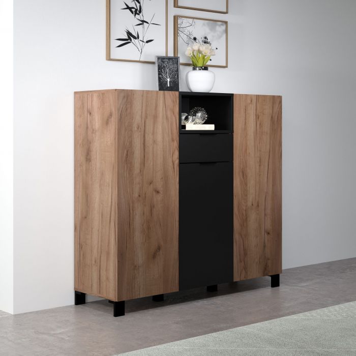Kendo - armoire de rangement - meuble bar 125x117x40cm en melamine noyer et  noir