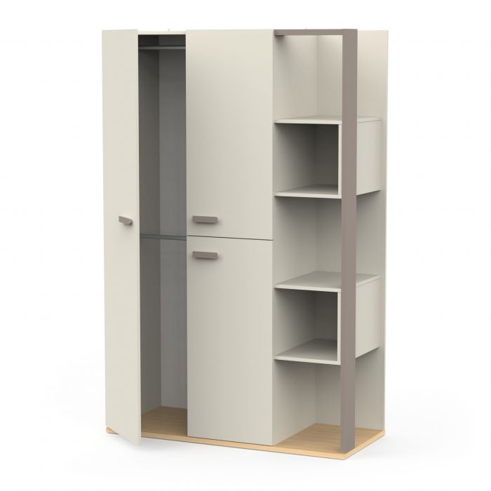 Kledingkast CAMILLIA met 3 draaideuren en 5 open vakken – Argile/Grijs/Eik main product photo