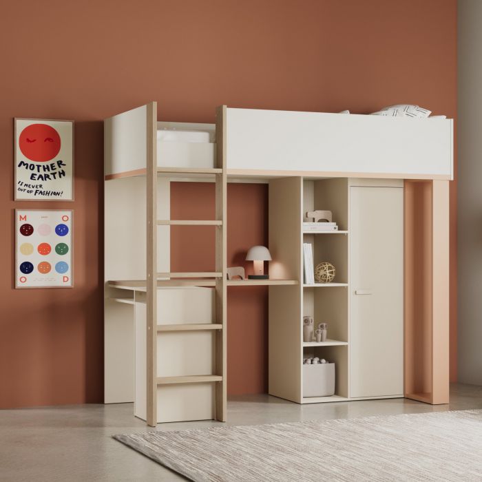 Mezzaninebed CAMILLIA met bureau, kast en spiegel – Terracotta/Beige/Eik main product photo