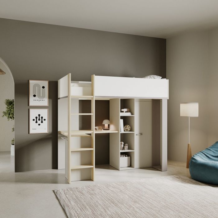 Mezzaninebed CAMILLIA met bureau, kast en spiegel – Argile/Grijs/Eik main product photo