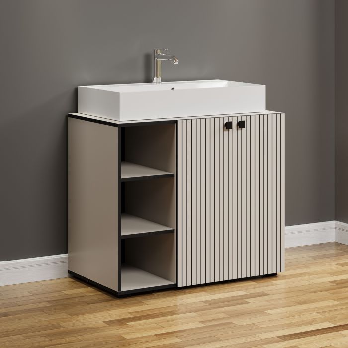 PureBliss – Onderkast met geïntegreerde wasbak groot in kashmir lichtgrijs/zwart melamine – B/H/D: 90 x 79 x 53 cm main product photo