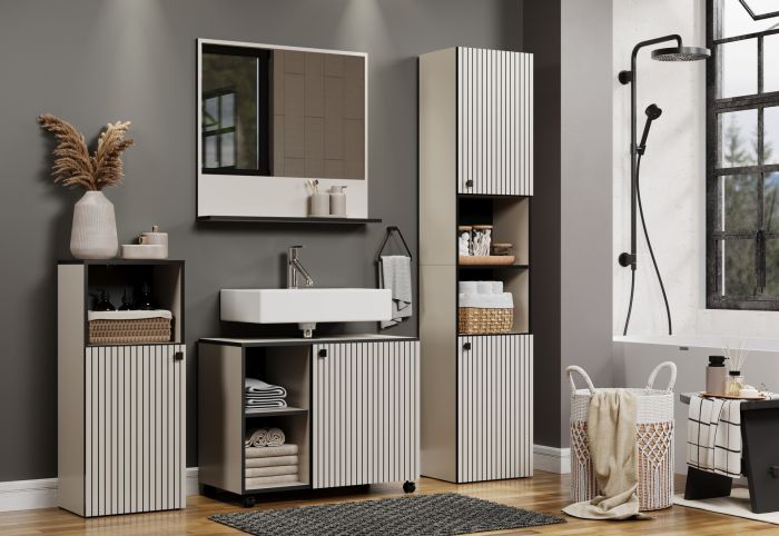 PureBliss – Badkamermeubelset 4-delig 180cm in kashmir lichtgrijs/zwart melamine – B/H/D: 180 x 186 x 42 cm main product photo