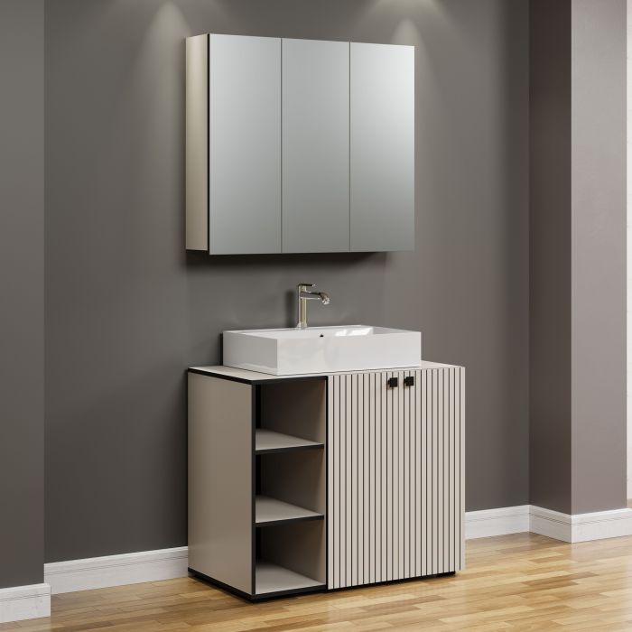 PureBliss – Badkamermeubelset 2-delig 90cm in kashmir lichtgrijs/zwart melamine – B/H/D: 90 x 186 x 53 cm main product photo