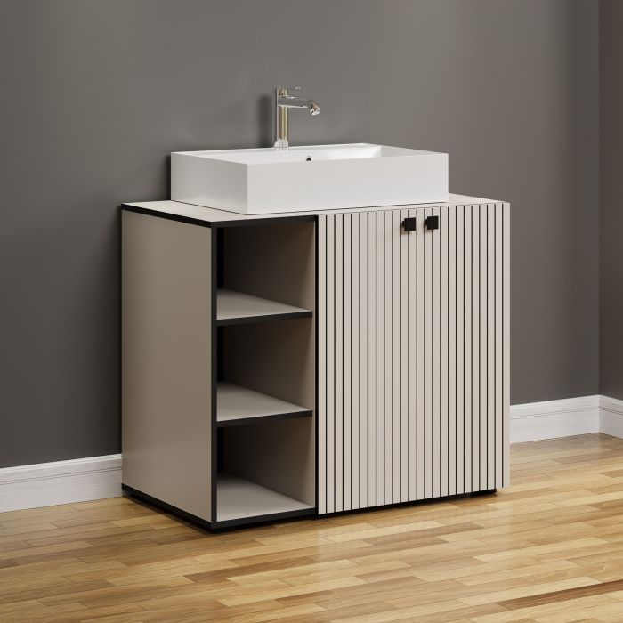 PureBliss – Onderkast met geïntegreerde wasbak klein in kashmir lichtgrijs/zwart melamine – B/H/D: 90 x 79 x 53 cm main product photo