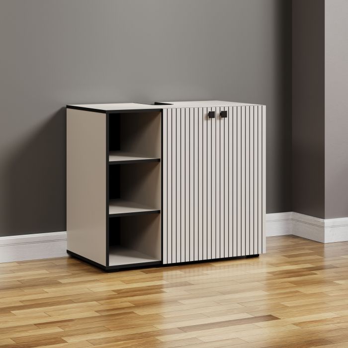 PureBliss – Onderkast voor wasbak 90cm in kashmir lichtgrijs/zwart melamine – B/H/D: 90 x 79 x 53 cm main product photo