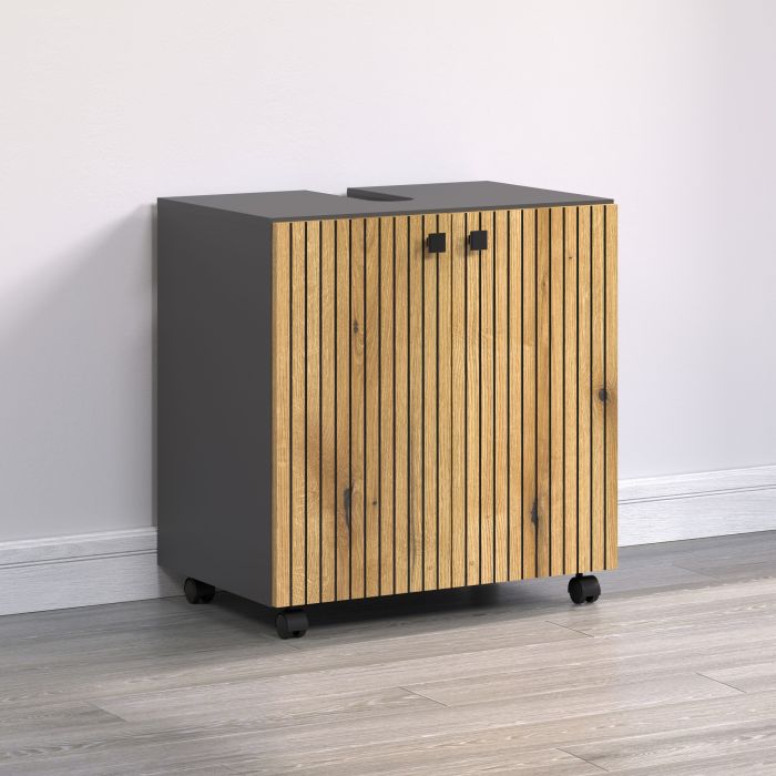 PureBliss – Onderkast voor wasbak 60cm in antraciet/Evoke Eik/zwart melamine op wieltjes – B/H/D: 60 x 64 x 42 cm main product photo