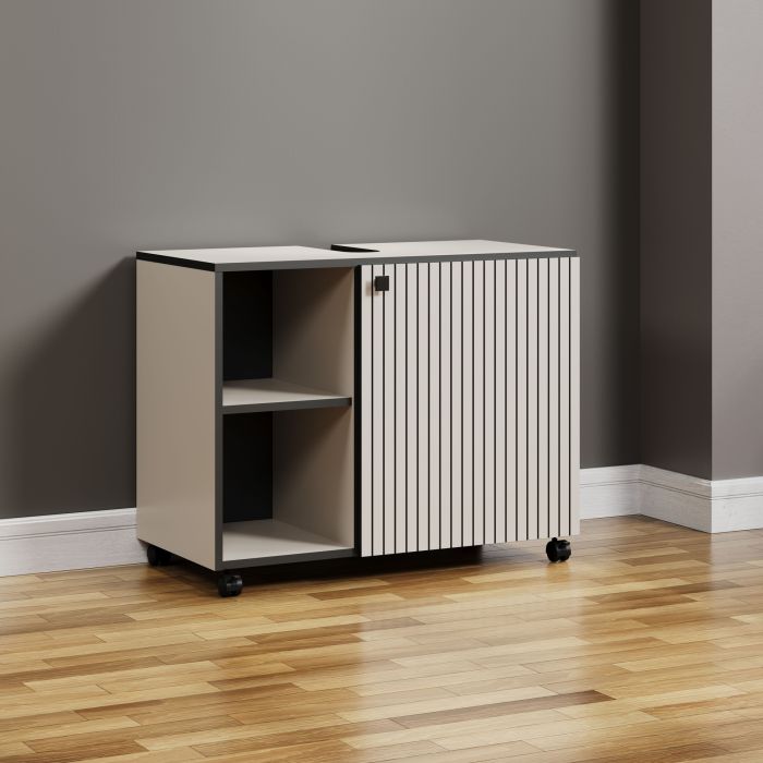 PureBliss – Onderkast voor wasbak 80cm in kashmir lichtgrijs/zwart melamine op wieltjes – B/H/D: 80 x 64 x 42 cm main product photo