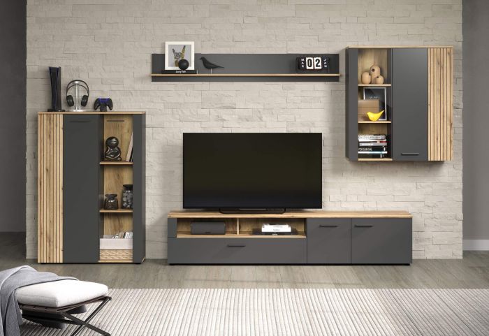 Esteban - 4 delige tv-woonwand 300x 200x41 cm in melamine antraciet met front en bovenblad in eik main product photo