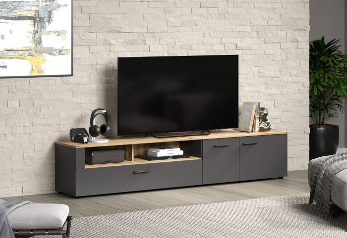 Esteban - tv kast 210x43x41cm in melamine antraciet met front en bovenblad in eik main product photo