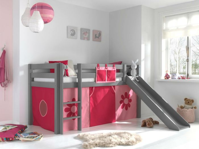 Halfhoogslaper Vera met glijbaan grijs met speeltent roze bloempjes main product photo