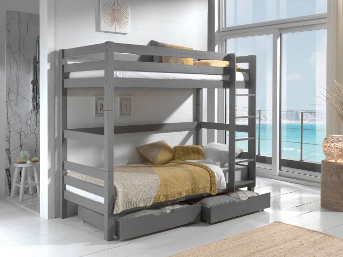 Lit superposé veronique 182cm de haut en pin massif, couleur gris-avec 2 tiroirs de rangement main product photo