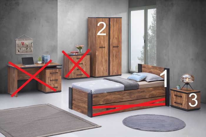Ellen - chambre de jeunes 3 pièces avec arm.2 portes 108cm - couleur acacia foncé et accents noirs main product photo