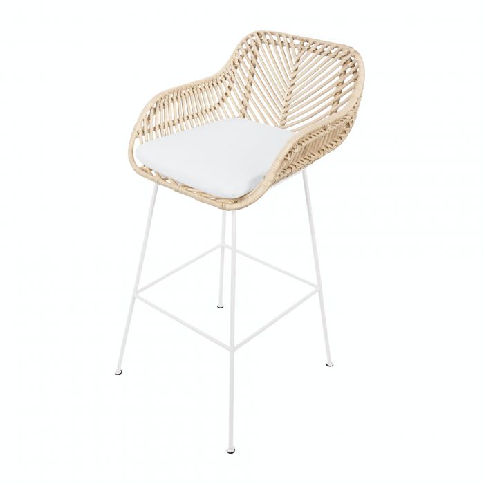 Tabouret de bar Bali – rotin naturel et pieds en métal blanc main product photo