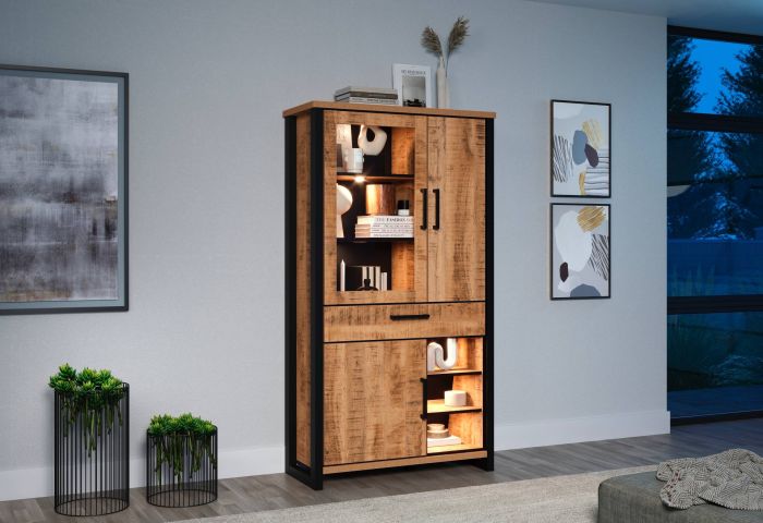 Hoge vitrinekast Enna in mango/zwarte decorafwerking, 106 x 195 x 45 cm main product photo