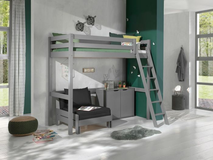 Mezzanine vienna 90 x 200cm gris avec canapé-lit et commode 2 portes main product photo