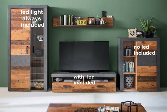 4 delige TV-wand meubelset Indy 343 cm - decor oud hout met grijs-1 x LED 2 stuks 762 main product photo