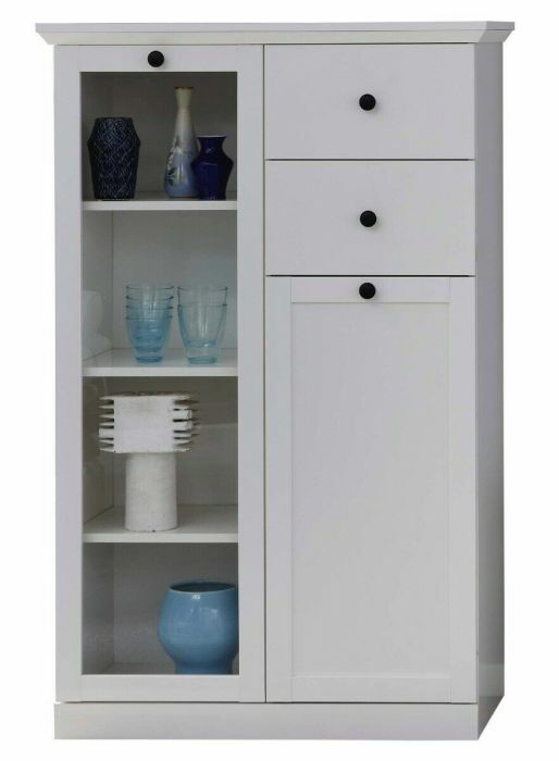 Hoge commode-ladekast met glasdeur Baxter in witte melamine 81 x 129cm -Geen LED verlichting main product photo