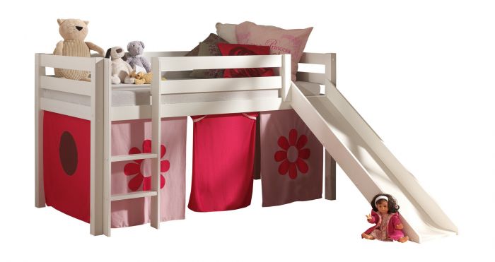 Lit mi-hauteur avec toboggan Vera blanc avec tente fleur roze main product photo