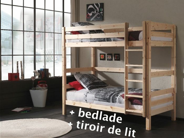Lit superposé veronique 182cm de haut en pin massif, couleur naturel-avec tiroir de rangement main product photo