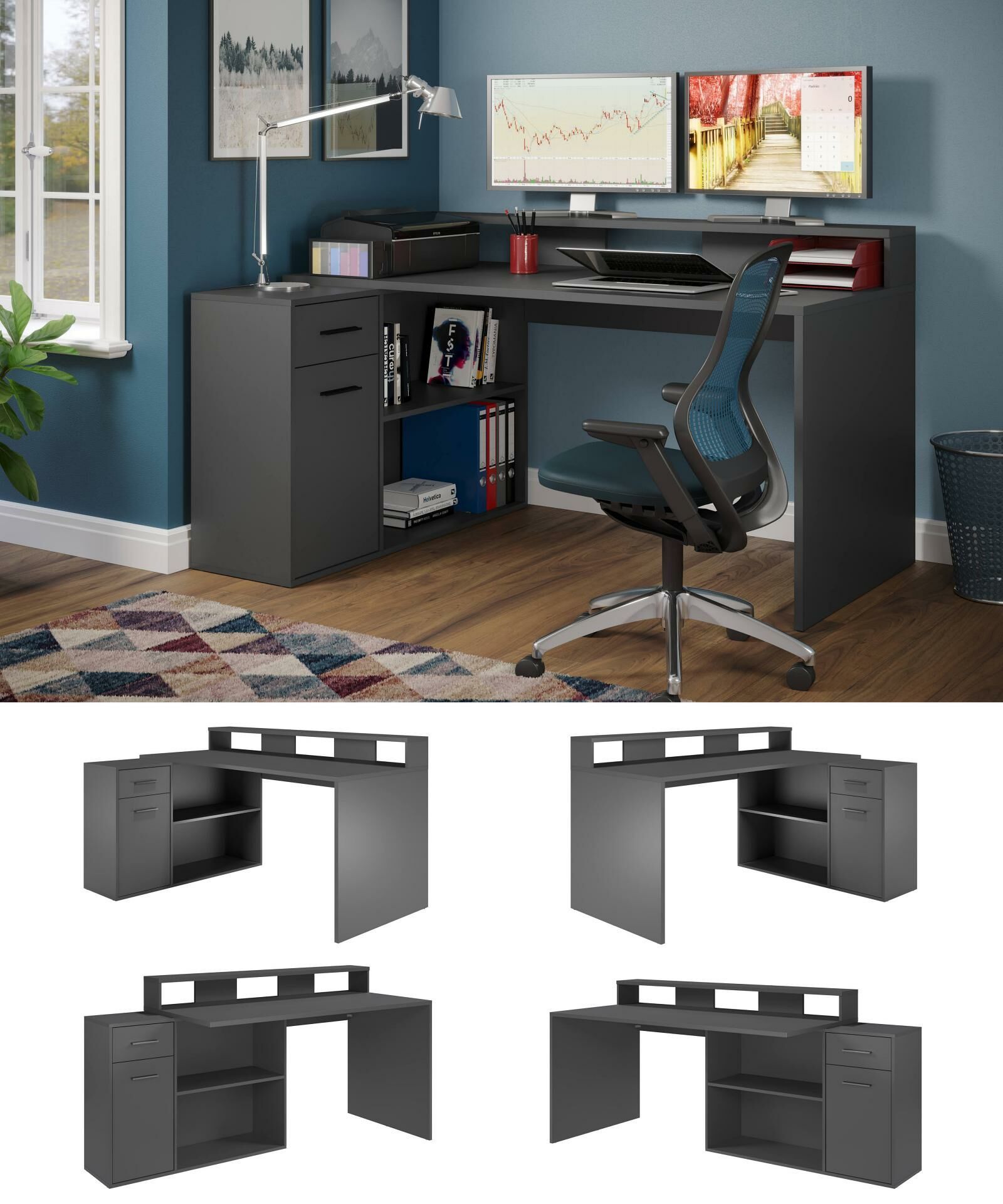 Bureau Gamer - Trendy - bureau professionnel 160 - 200 cm avec élément d' angle rotatif en blanc et gris clair