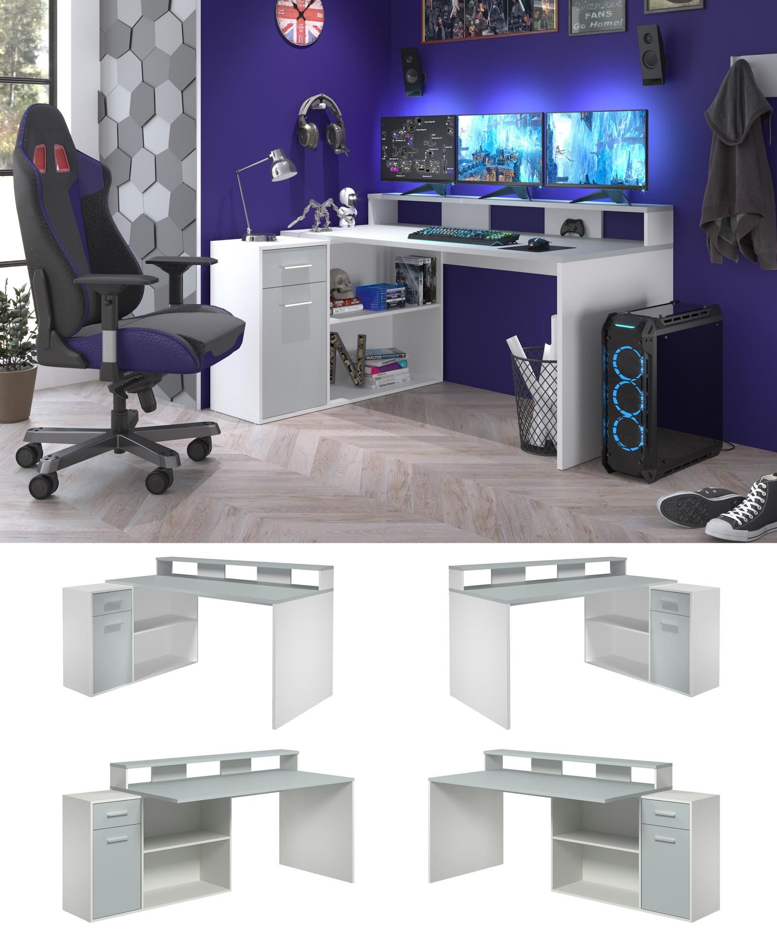 Bureau Gamer - Trendy - bureau professionnel 160 - 200 cm avec élément  d'angle rotatif en blanc et gris clair