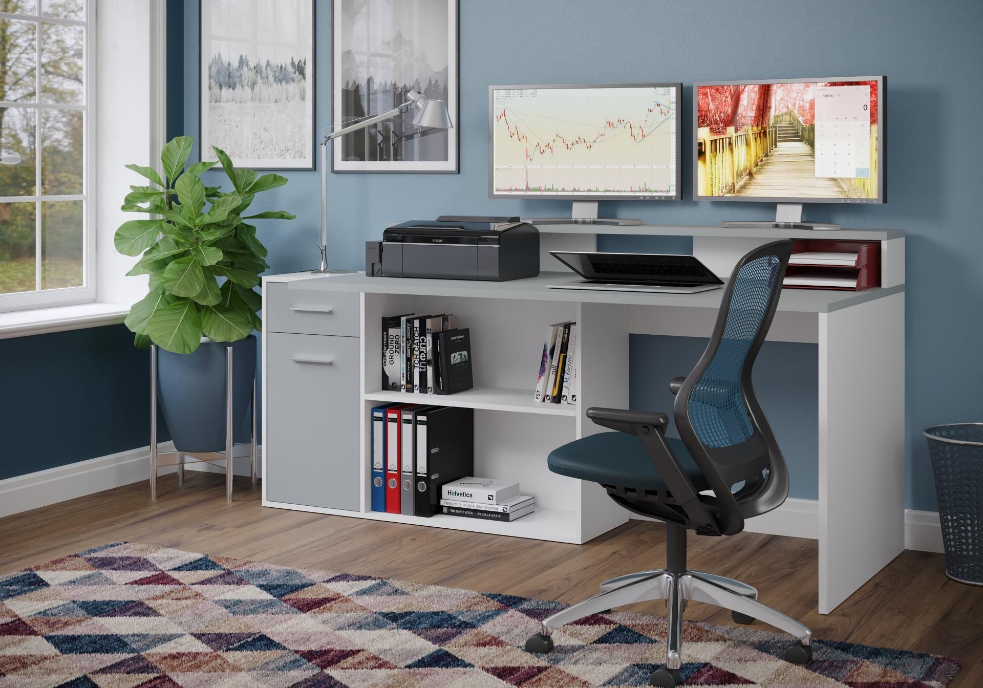 Bureau Gamer - Trendy - bureau professionnel 160 - 200 cm avec élément d' angle rotatif en blanc et gris clair