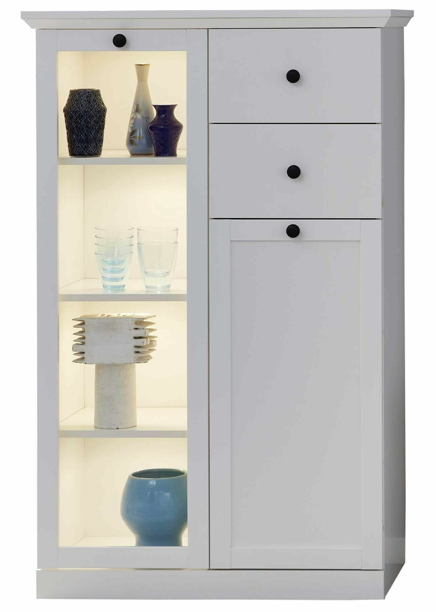 Th Carry Bedrijf Hoge commode-ladekast met glasdeur Baxter in witte melamine 81 x 129cm  landelijke stijl | Belfurn