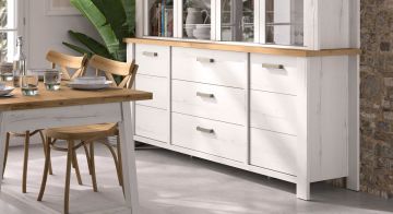 Dressoir Manosque 220 cm – 2 deuren en 3 laden – Wit gekalkte houtstructuur met eik artisan bovenblad