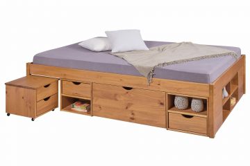 IL20972180 | Lit Double Multi-rangements TILL 180x200cm 2 chevets 6 tiroirs 8 niches en Bois Massif Noisette | Belfurn