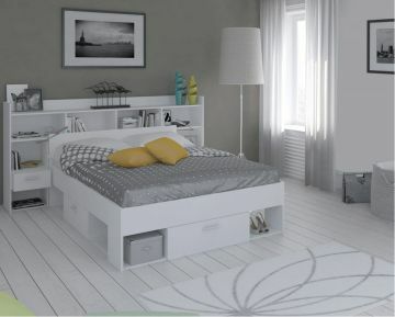 DE_496556+155027 | Lit multifonctionel chicago blanc 140 x 190/200cm + Tête de lit avec rangement et liseuses LED - Décor blanc mat | Belfurn