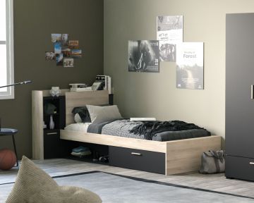 Bed met achterbouw 90X190/200cm met  opbergvakken - melamine zwart bruin