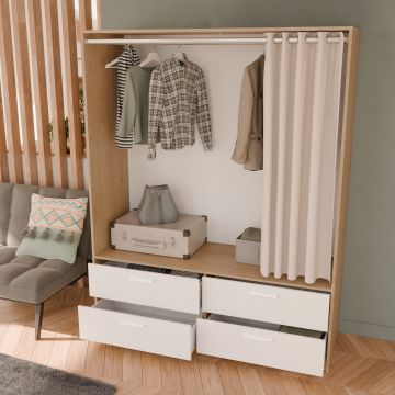 Dressing Lizy – 4 tiroirs + penderie avec rideau – Chêne Hamilton / blanc mat