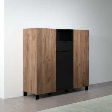 TE_2119863E3 | Kendo - armoire de rangement - meuble bar 125x117x40cm en melamine noyer et noir | Belfurn