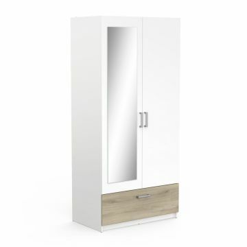 DE_ 454122 | Ready - 2 deurs kledingkast met 1 spiegeldeur 89x192cm in dekor wit met eik | Belfurn