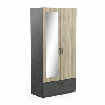 DE_ 454125 | Ready - 2 deurs kledingkast met 1 spiegeldeur 89x192cm in dekor eik met zwart | Belfurn