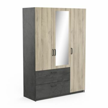 DE_ 454126 | Ready -  3 deurs kledingkast met 1 spiegeldeur 134x192cm in dekor eik met zwart | Belfurn