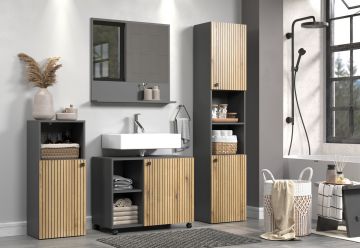 PureBliss – Badkamermeubelset 4-delig 180cm in antraciet/Evoke Eik/zwart melamine – B/H/D: 180 x 186 x 42 cm