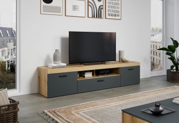 TE_232931883 | Tyler - meuble tv 230x52x52cm en mélamine chêne et façade antracite | Belfurn