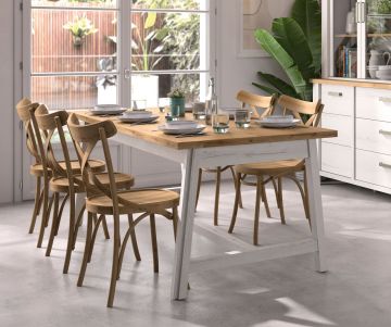 Eettafel Manosque – uitschuifbare rechthoekige tafel in witgekalkte houtstructuur en eik artisan