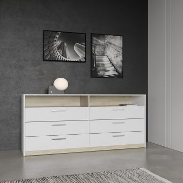 Commode WATSON – 6 lades + open niches – Wit mat / Eik Kronberg

