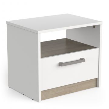 Table de nuit WATSON – 1 tiroir + niche – Blanc mat / Chêne Kronberg