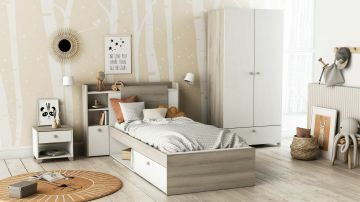 Bed met achterbouw 90X190/200cm met  opbergvakken - melamine wit bruin