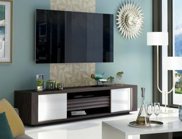 SCI_21SD3221 | AARON wengé - blanc - meuble tv hifi 210cm avec 2 portes éclairage Led inclus | Belfurn