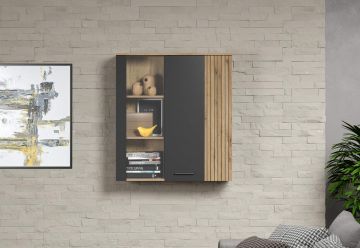 Boekenkast Esteban - Hangkast 90x99x34cm in melamine antraciet met front en bovenblad in eik 34x90 cm – stijlvol en praktisch