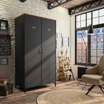 DI_1E13048 | Manchester - kledingkast 105cm 2 deuren kleur zwart met helvezia eik | Belfurn