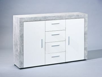 IL19603100 | commode/dressoir Nicolus- beton 3.3 avec 2 portes et 4 tiroirs décor marbre et façade en blanc | Belfurn