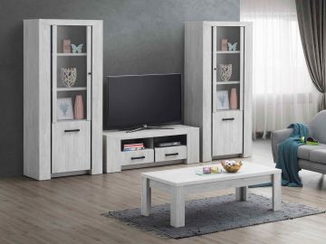 O01_17017-60149-17017 | TV-wand Elvis-2 van 300cm witte eikkleur bestaande uit Tv-meubel met 2 x kolom glasdeur | Belfurn