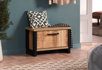 Enna – Banc à chaussures avec abattant décor mangue/noir – 73 x 47 x 39 cm