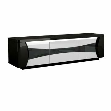 SCI_19SB3330 | TIAGO noir-blanc laqué - meuble tv hifi 180cm avec 3 portes éclairage Led inclus | Belfurn